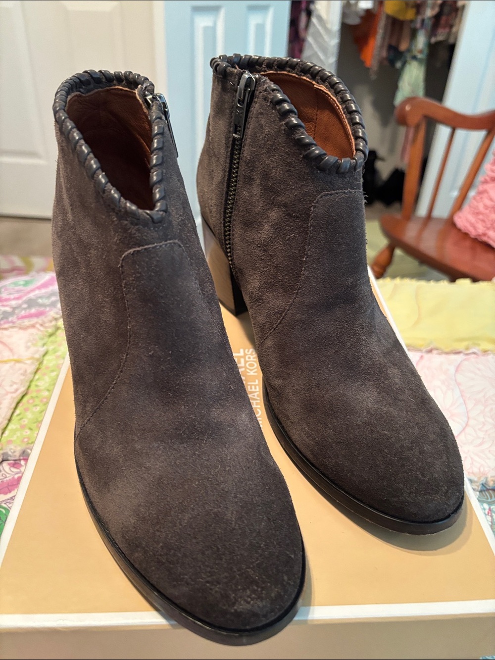 Frye Dark Gray Suede Ankle Booties with Whipstitch Trim